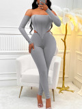 Autumn And Winter Fashion Sexy Style Women's Solid Color Long Sleeve Off Shoulder Slim Two Piece Pants Set