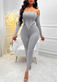 Autumn And Winter Fashion Sexy Style Women's Solid Color Long Sleeve Off Shoulder Slim Two Piece Pants Set