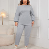 Slash-Shoulder Plus Size Loose Casual Long-Sleeved Two Piece Pants Set For Women