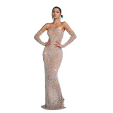 Fashion Women's Clothing Beaded Rhinestone Strapless Sexy See Through Nightclub Long Dress