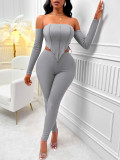 Autumn And Winter Fashion Sexy Style Women's Solid Color Long Sleeve Off Shoulder Slim Two Piece Pants Set