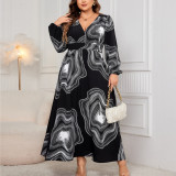 Printed Long-Sleeved V-Neck Loose Plus Size Dress