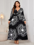 Printed Long-Sleeved V-Neck Loose Plus Size Dress