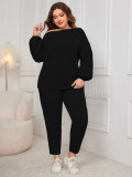 Slash-Shoulder Plus Size Loose Casual Long-Sleeved Two Piece Pants Set For Women