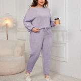 Slash-Shoulder Plus Size Loose Casual Long-Sleeved Two Piece Pants Set For Women