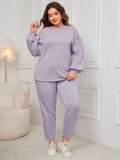 Slash-Shoulder Plus Size Loose Casual Long-Sleeved Two Piece Pants Set For Women