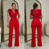 Fashion Women's Clothing Solid Color Ruffled Deep V Neck Sexy Jumpsuit