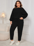 Slash-Shoulder Plus Size Loose Casual Long-Sleeved Two Piece Pants Set For Women