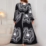 Printed Long-Sleeved V-Neck Loose Plus Size Dress