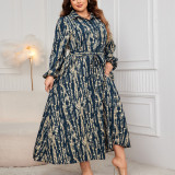 Plus Size Printed Trundown Collar Long-Sleeved Belt Maxi Dress