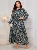 Plus Size Printed Trundown Collar Long-Sleeved Belt Maxi Dress