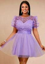 Plus Size Sexy See-Through Mesh Belt Bubble Sleeve A-Line Dress