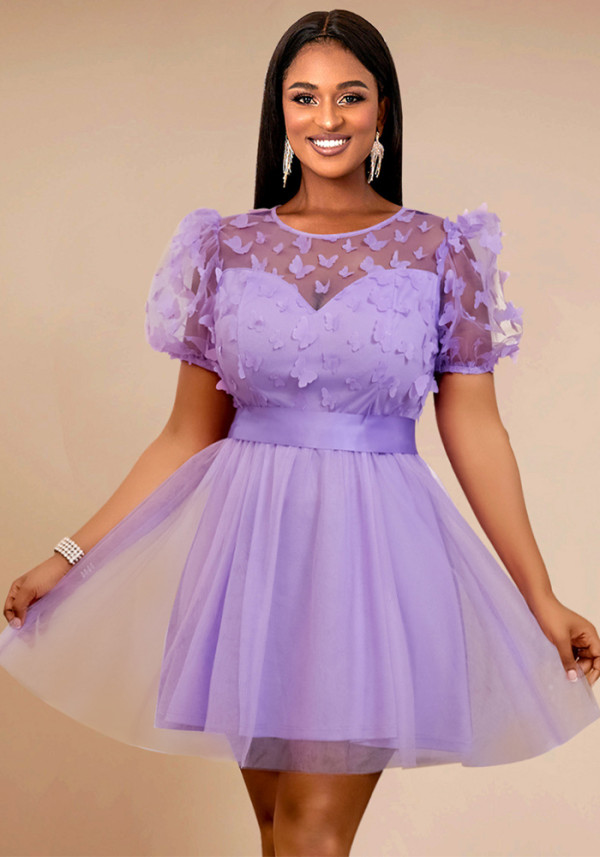 Plus Size Sexy See-Through Mesh Belt Bubble Sleeve A-Line Dress