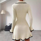 Autumn Women's Clothing Contrast Color Elegant Slim Knitting Dress