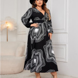 Printed Long-Sleeved V-Neck Loose Plus Size Dress