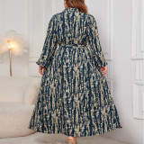 Plus Size Printed Trundown Collar Long-Sleeved Belt Maxi Dress