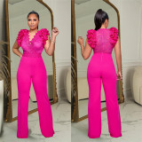 Fashion Women's Clothing Solid Color Ruffled Deep V Neck Sexy Jumpsuit