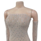 Fashion Women's Clothing Beaded Rhinestone Strapless Sexy See Through Nightclub Long Dress