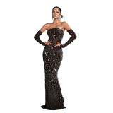 Fashion Women's Clothing Beaded Rhinestone Strapless Sexy See Through Nightclub Long Dress