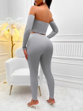 Autumn And Winter Fashion Sexy Style Women's Solid Color Long Sleeve Off Shoulder Slim Two Piece Pants Set