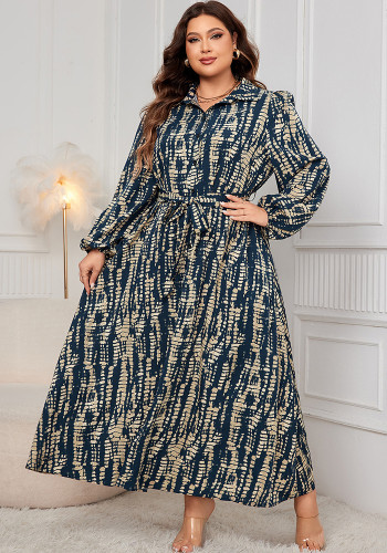 Plus Size Printed Trundown Collar Long-Sleeved Belt Maxi Dress