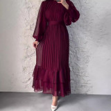 Autumn Fashion Solid Color Mesh Patchwork Pleated Dress For Women