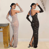 Fashion Women's Clothing Beaded Rhinestone Strapless Sexy See Through Nightclub Long Dress