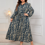 Plus Size Printed Trundown Collar Long-Sleeved Belt Maxi Dress