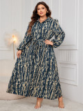 Plus Size Printed Trundown Collar Long-Sleeved Belt Maxi Dress