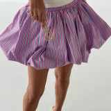 Women French air stripe pleated fluffy mini skirt