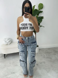 Women summer Letter Casual print Crop Top