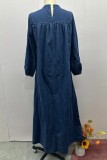 Women casual autumn round neck solid loose long sleeve denim dress