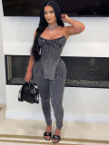 Women summer sexy solid ribbed suspender vest and trousers two-piece suit