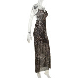 Women Suspender Pocket Collar Sexy Backless Leopard Dress