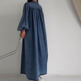 Women casual autumn round neck solid loose long sleeve denim dress