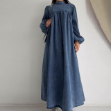 Women casual autumn round neck solid loose long sleeve denim dress