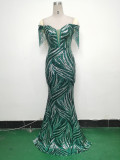 Off Shoulder Tassels Fishbone Slim Waist Lace-Up Sequin Evening Dress