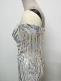 Off Shoulder Tassels Fishbone Slim Waist Lace-Up Sequin Evening Dress
