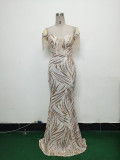 Off Shoulder Tassels Fishbone Slim Waist Lace-Up Sequin Evening Dress