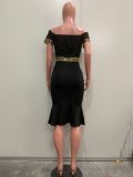 Summer Women's Off Shoulder Short-Sleeved Sexy Solid Color Dress