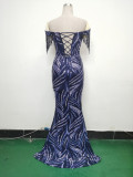 Off Shoulder Tassels Fishbone Slim Waist Lace-Up Sequin Evening Dress