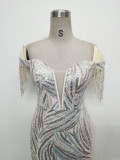 Off Shoulder Tassels Fishbone Slim Waist Lace-Up Sequin Evening Dress