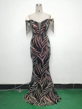 Off Shoulder Tassels Fishbone Slim Waist Lace-Up Sequin Evening Dress