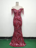 Off Shoulder Tassels Fishbone Slim Waist Lace-Up Sequin Evening Dress