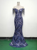 Off Shoulder Tassels Fishbone Slim Waist Lace-Up Sequin Evening Dress