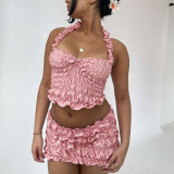 Summer Women style pleated Halter Neck suspender vest and Mini Skirt two-piece suit