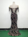 Off Shoulder Tassels Fishbone Slim Waist Lace-Up Sequin Evening Dress