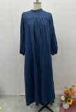 Women casual autumn round neck solid loose long sleeve denim dress