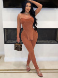 Women summer sexy solid ribbed suspender vest and trousers two-piece suit