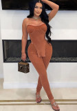 Women summer sexy solid ribbed suspender vest and trousers two-piece suit